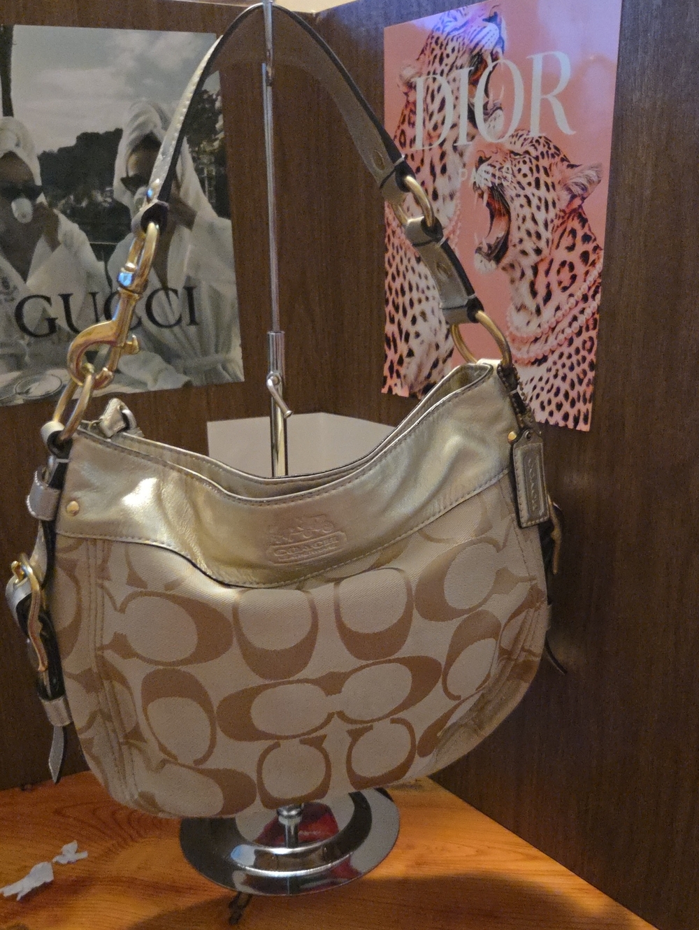 Coach Shoulder Bag in Tan Signature Canvas with Gold Trim NWOT